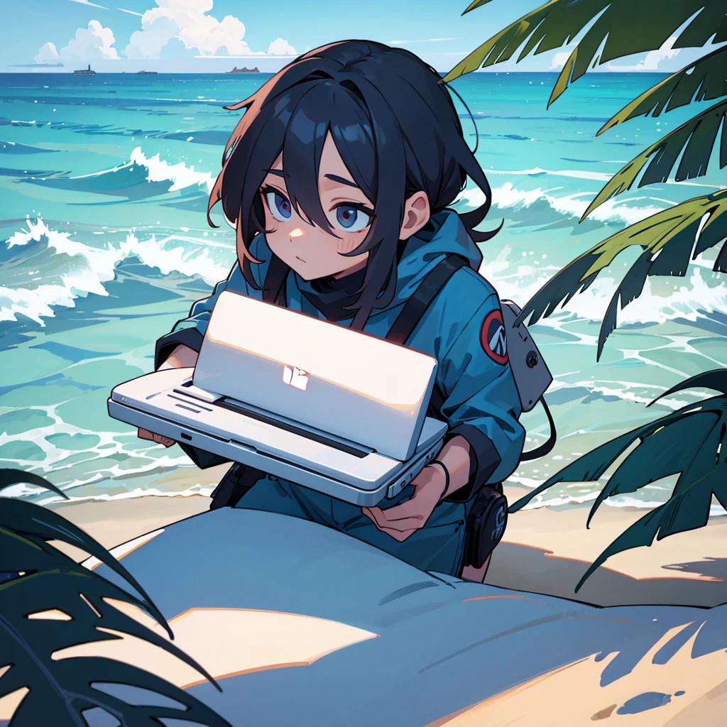 Nomad Worker　Have a laptop　YouTube Icon　An illustration　male　Beachside　