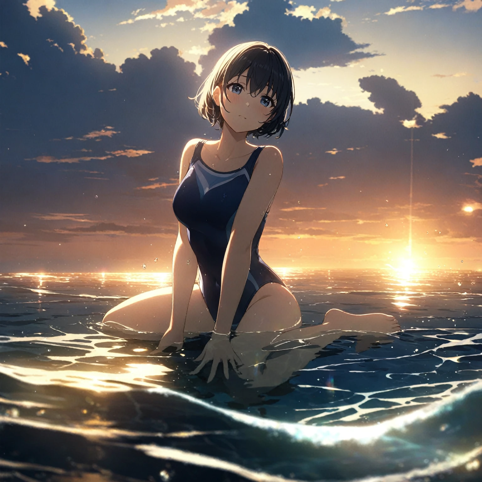 1girl、Black Hair、Navy blue swimsuit、Ocean、Oceanに浸かる、In the water、evening、Reflection on the water、透明なOcean、deep faint light 、 detailed CG、high resolution