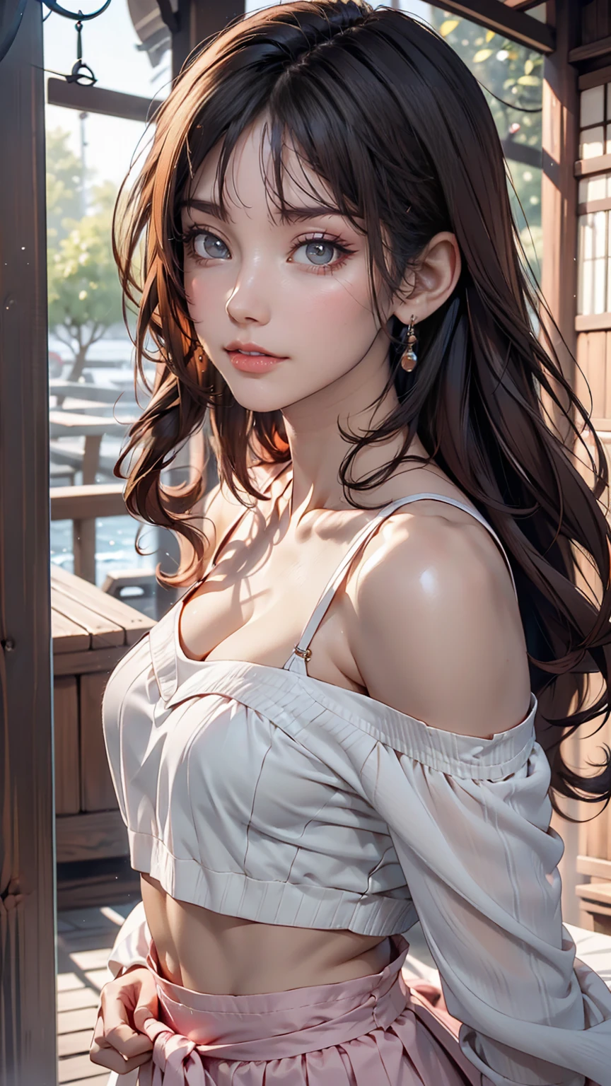 Beautiful and attractive woman in fashion trends, Gentle and attractive beautiful Japanese women, Delicate and sexy collarbone, Attractive oval face, double eyelid, Clever pink eyes, Pink Lips, Small Nose, Bare shoulders, Focus on the face, Face close-up, Ultra-high resolution, Very detailed, The white off-the-shoulder shirt matches perfectly with the light blue slit skirt., Fresh and impressive、Sexy proportions、Narrow waist、Sexy、