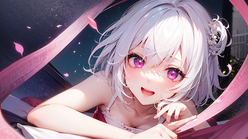 White Hair、Pink Eyes、Short Hair、laughing、Only one girl、alone、Cute、Face is close、Night、Lying in bed