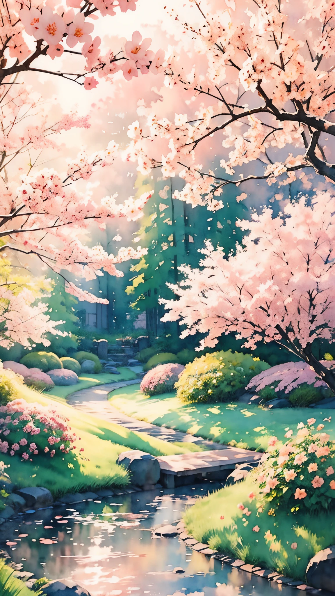 (masterpiece:1.2, Highest quality),(Super detailed),((Watercolor)),8K,wallpaper,Japanese garden,spring
