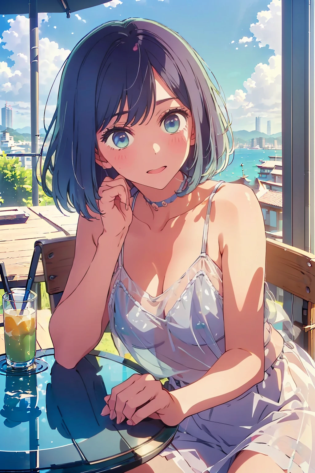 (Highest quality:1.4、masterpiece:1.4、Super detailed:1.4、Ultra-high resolution:1.4、8K:1.4)、F cup bust、Big Breasts、Slim body、((((1 person、Surprised expression、sit、Chair、In the background are the urban buildings of Tokyo、looking at the camera、Outdoor café terrace、coastal、juice、Shooting up close、table、Very cute face))))、(Pose with hands tucked behind ears:1.4、Cheek resting on hand:1.4）、((nude、very beautiful areola、camisole、Seamless see-through top))、Very blue sky、A completely cloudless sky、Big eyes