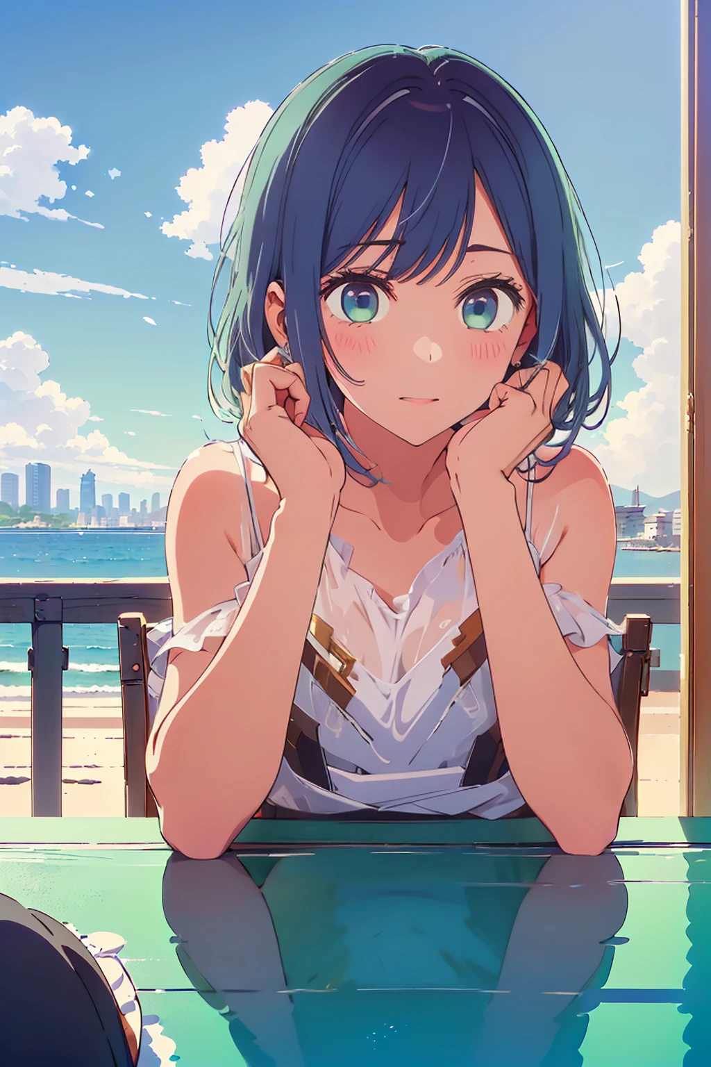 (Highest quality:1.4、masterpiece:1.4、Super detailed:1.4、Ultra-high resolution:1.4、8K:1.4)、F cup bust、Big Breasts、Slim body、((((1 person、Surprised expression、sit、Chair、In the background are the urban buildings of Tokyo、looking at the camera、Outdoor café terrace、coastal、juice、Shooting up close、table、Very cute face))))、(Pose with hands tucked behind ears:1.4、Cheek resting on hand:1.4)、((nude、very beautiful areola、camisole、Seamless see-through top))、Very blue sky、A completely cloudless sky、Big eyes
