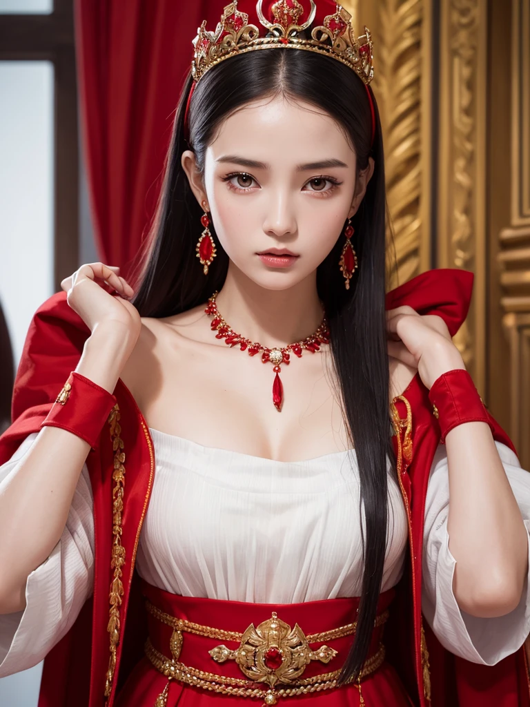 、Highest quality , sexy, Ultra-high resolution, RAW Photos, girl, indoor, White skin, Long Hair ,whole body,Black Hair、Red color clothes、National costume of the Republic of Gambia、Red color crown、Red Necklace、Red wrist ornament、Red earrings、