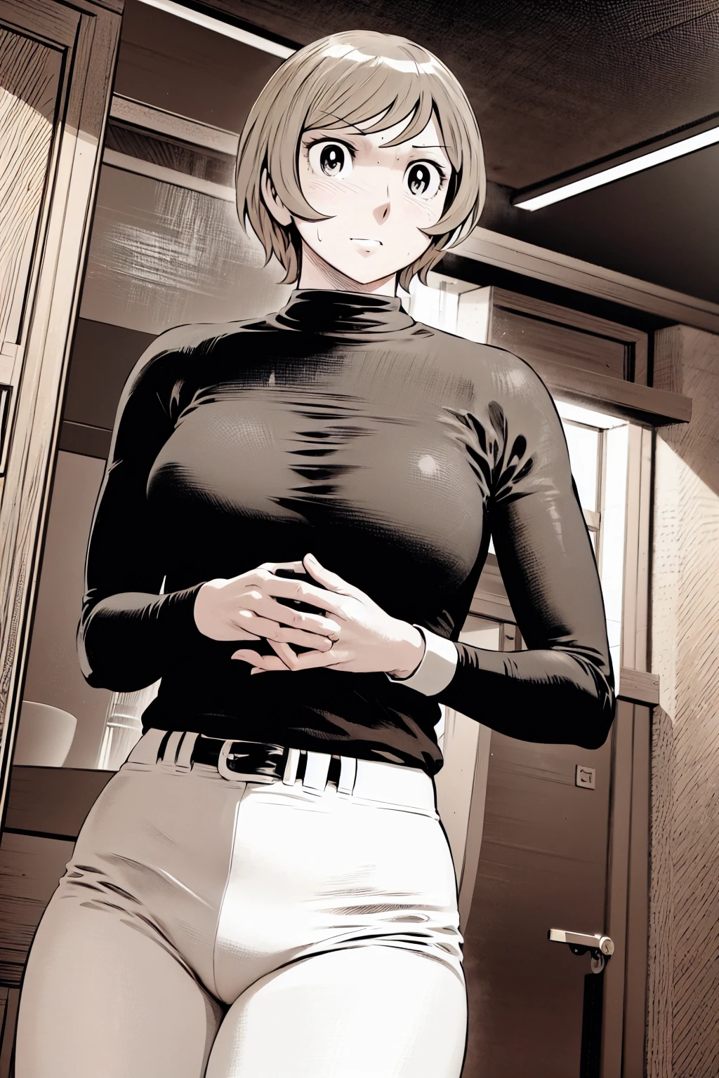 、(masterpiece、Highest quality)、Highest quality, Ultra-high resolution, (((masterpiece))), alone, Sweat、Big eyes,Tight black shirt、Tight white pants、belt、indoor、Composition from the front、(Cut the back hair short、short hair、blonde、woman)、Shortcuts、Embarrassed face、Cut your hair short、可愛いwomanの子、Big Breasts、Inside the room、Full Color、Baseball uniform