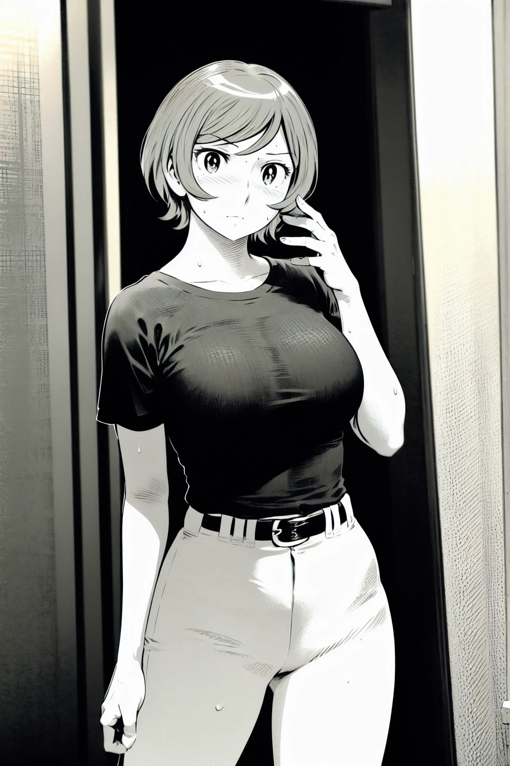 、(masterpiece、Highest quality)、Highest quality, Ultra-high resolution, (((masterpiece))), alone, Sweat、Big eyes,Tight black shirt、Tight white pants、belt、indoor、Composition from the front、(Cut the back hair short、short hair、blonde、woman)、Shortcuts、Embarrassed face、Cut your hair short、可愛いwomanの子、Big Breasts、Inside the room、Full Color、Baseball uniform