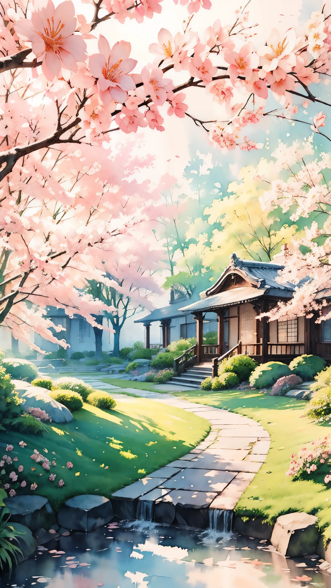 (masterpiece:1.2, Highest quality),(Super detailed),((Watercolor)),8K,wallpaper,Japanese garden,spring
