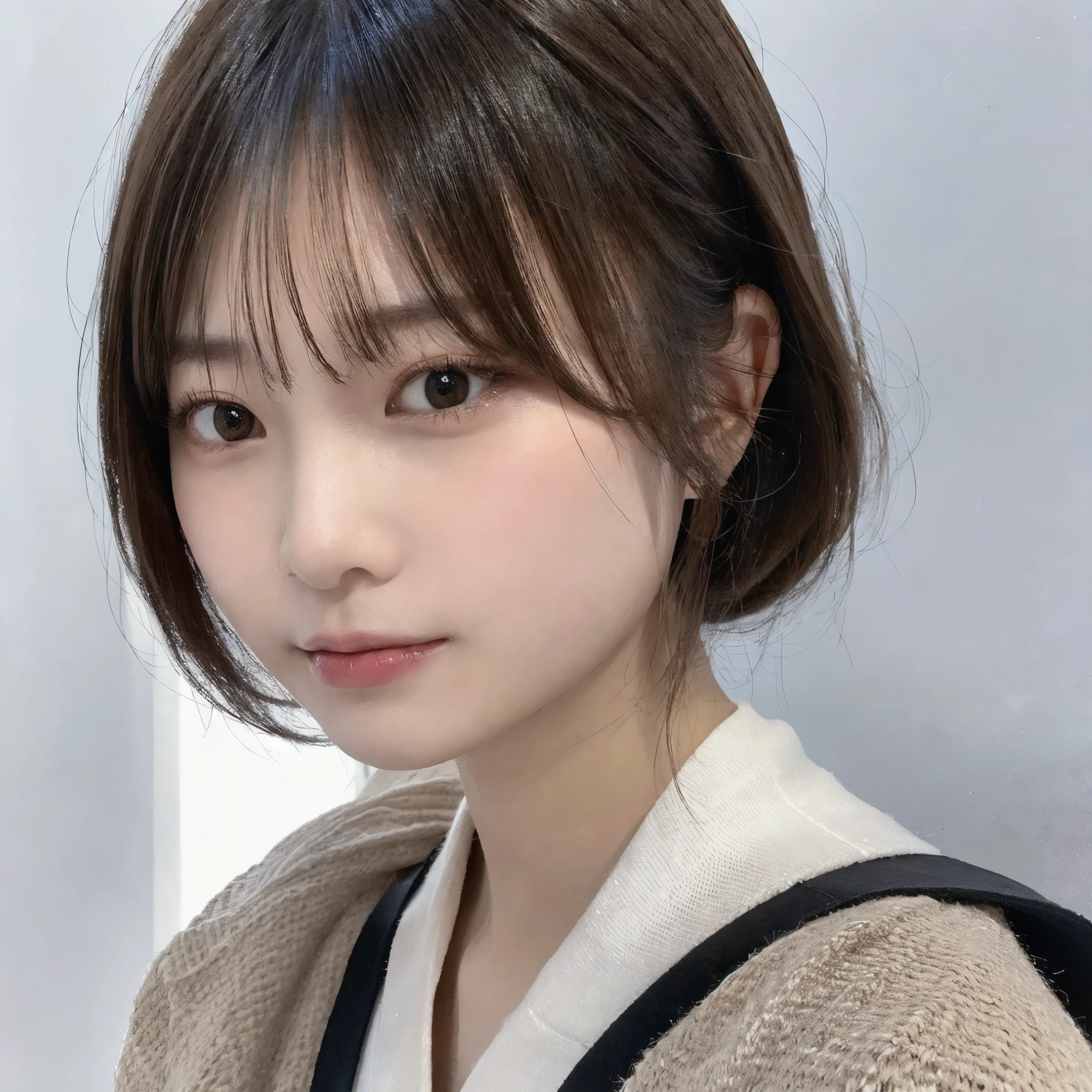 Visual blockbuster on the theme of hairstyle, Chinese girl with short hair, fashionable clothing with light hair, Chinese girl looking frontally at the camera, without makeup highlighting the texture and pores of facial skin, full color picture, close up - white solid background