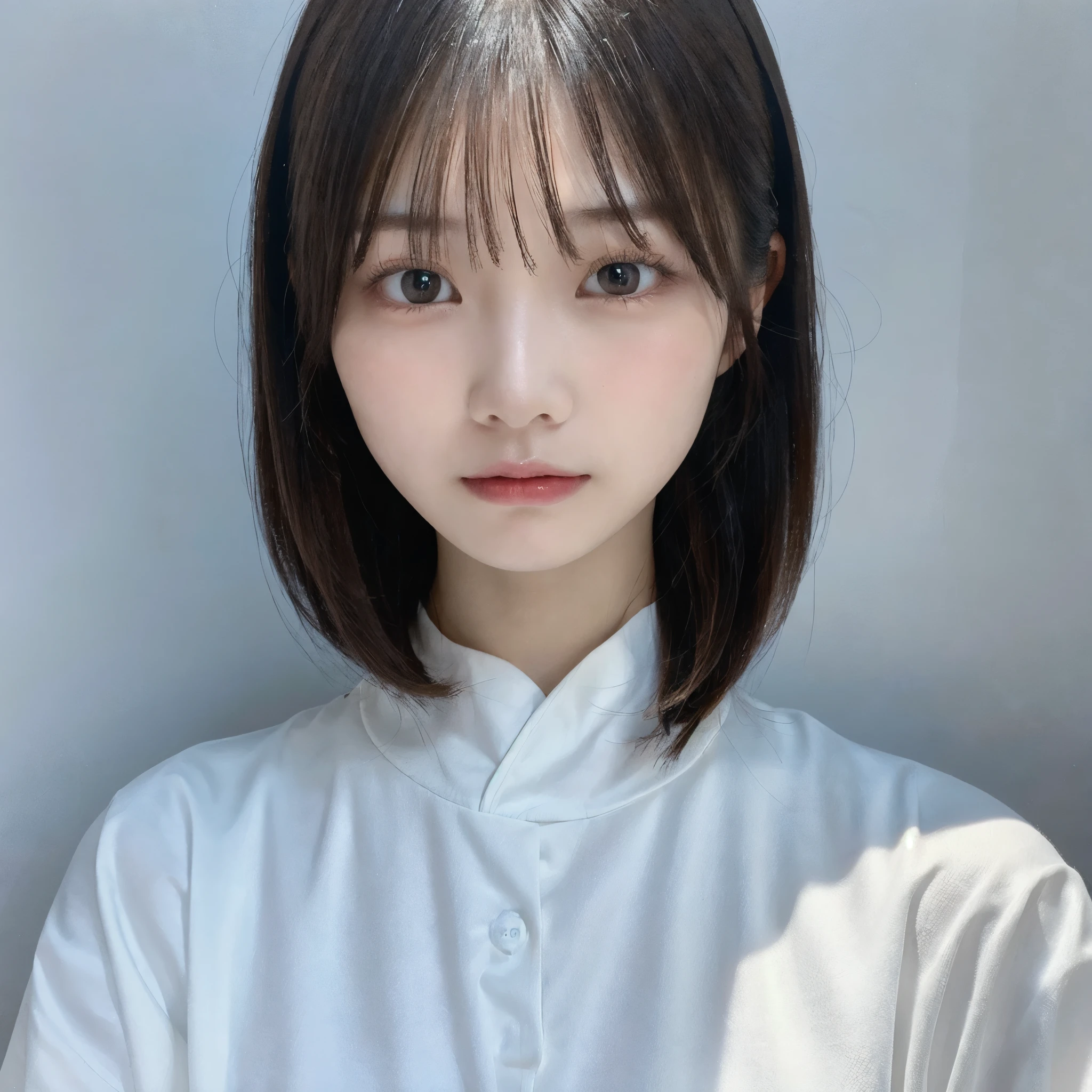 Visual blockbuster on the theme of hairstyle, Chinese girl with short hair, fashionable clothing with light hair, Chinese girl looking frontally at the camera, without makeup highlighting the texture and pores of facial skin, full color picture, close up - white solid background