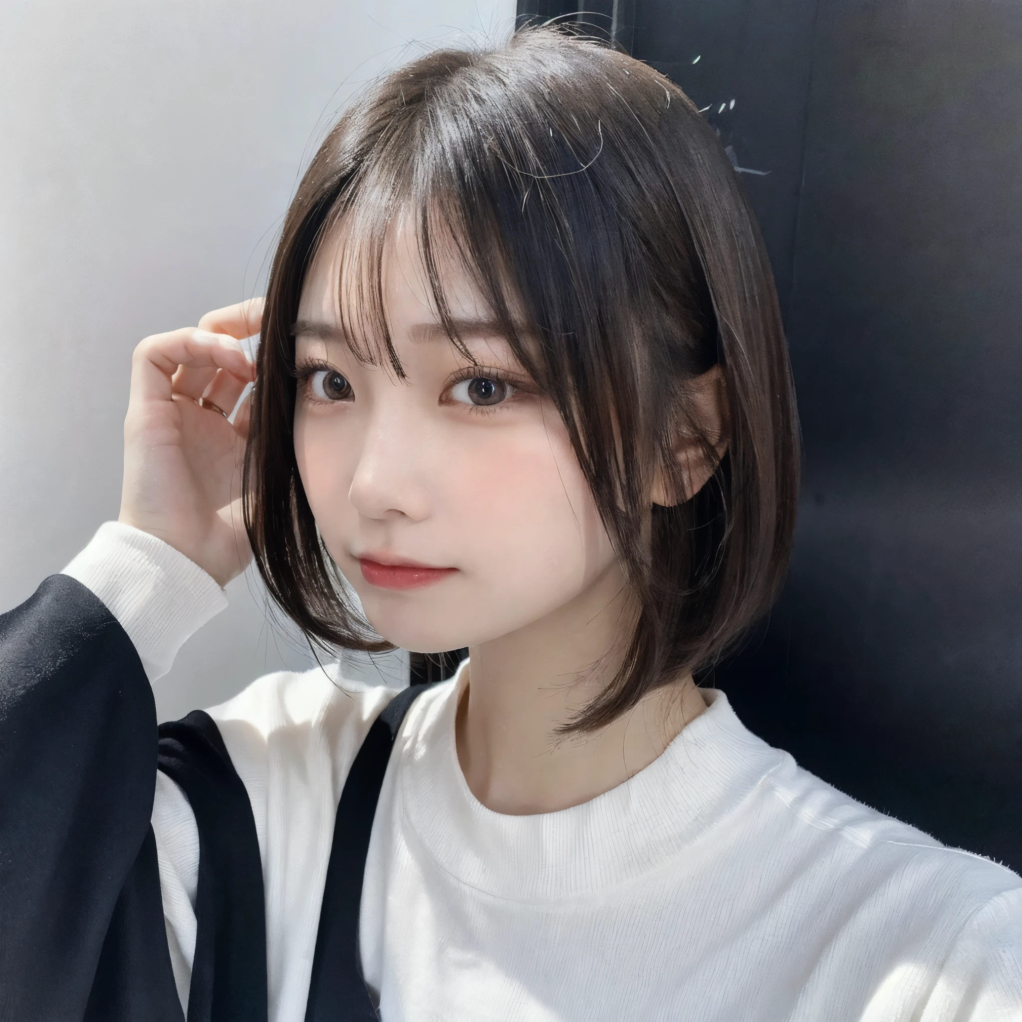 Visual blockbuster on the theme of hairstyle, Chinese girl with short hair, fashionable clothing with light hair, Chinese girl looking frontally at the camera, without makeup highlighting the texture and pores of facial skin, full color picture, close up - white solid background