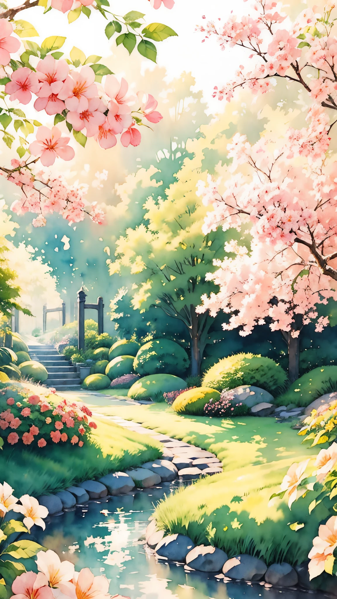 (masterpiece:1.2, Highest quality),(Super detailed),((Watercolor)),8K,wallpaper,Japanese garden,summer