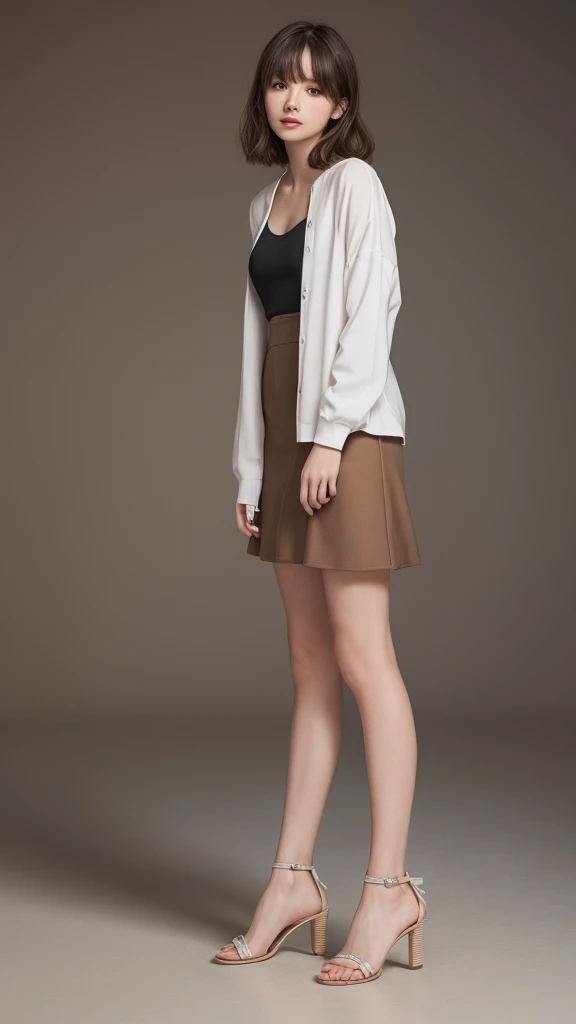 Full Body Shot、Beautiful legs、Cute Skirt、one girl, (a beauty girl, Delicate girl:1.3), (20age:1.3), break, (Cute Shirt:1.5), break, (stand), (Leaning forward:1.5), break, Very fine grain definition, (Symmetrical eyes:1.3), break, Ample breasts, Brown eyes, Parted bangs, Brown Hair, girl, break, (Eye and facial details:1.0), (Full Body Shot, Face Focus:1.0), break, (masterpiece, Highest quality, Super detailed, Detailed face, 8K)