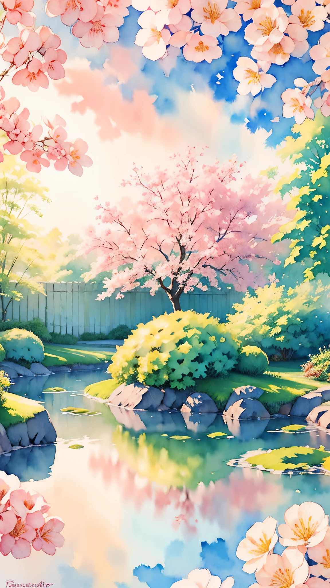 (masterpiece:1.2, Highest quality),(Super detailed),((Watercolor)),8K,wallpaper,Japanese garden,summer