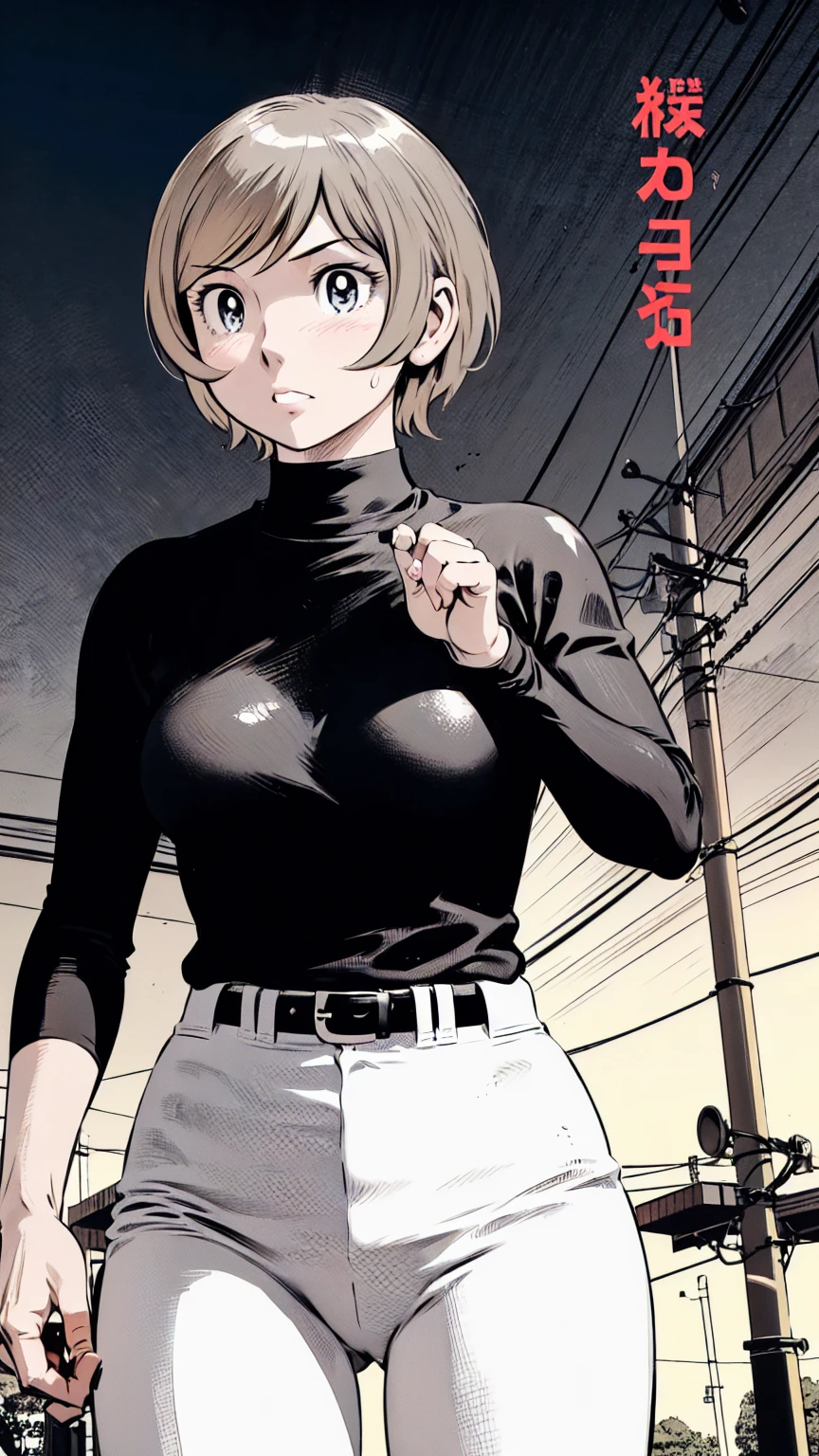 (野球uniform:1.2),
Blonde Hair, (short hair:1.2),Long sleeve, Black Shirt, turtleneck,White trousers、uniform、Black belt、((Illustration of people))、Big Boobs、
View Audience,, (Highest quality:1.3),One Girl, White pants、uniform、Outdoor、baseball ground、ground、soil、blue eyes、Tight black shirt、(masterpiece、Highest quality)、Highest quality, Ultra-high resolution, (((masterpiece))), alone, Sweat、Big eyes、Big Breasts、One Girl, Front view、Embarrassed face、Bronze colored hair、((short hair))、Stand up straight