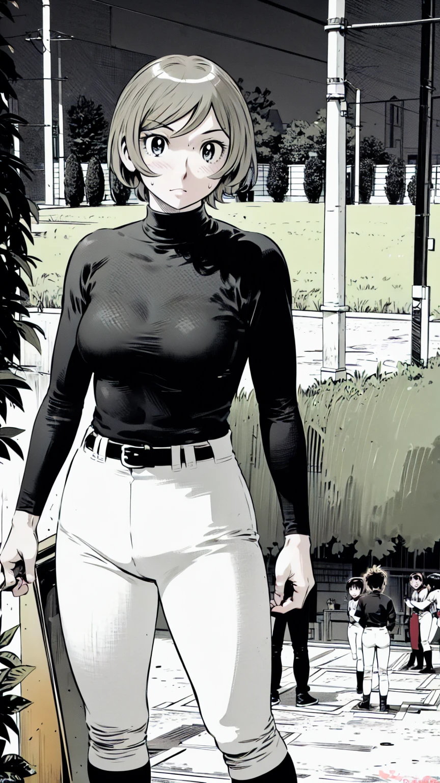 (野球uniform:1.2),
Blonde Hair, (short hair:1.2),Long sleeve, Black Shirt, turtleneck,White trousers、uniform、Black belt、((Illustration of people))、Big Boobs、
View Audience,, (Highest quality:1.3),One Girl, White pants、uniform、Outdoor、baseball ground、ground、soil、blue eyes、Tight black shirt、(masterpiece、Highest quality)、Highest quality, Ultra-high resolution, (((masterpiece))), alone, Sweat、Big eyes、Big Breasts、One Girl, Front view、Embarrassed face、Bronze colored hair、((short hair))、Stand up straight