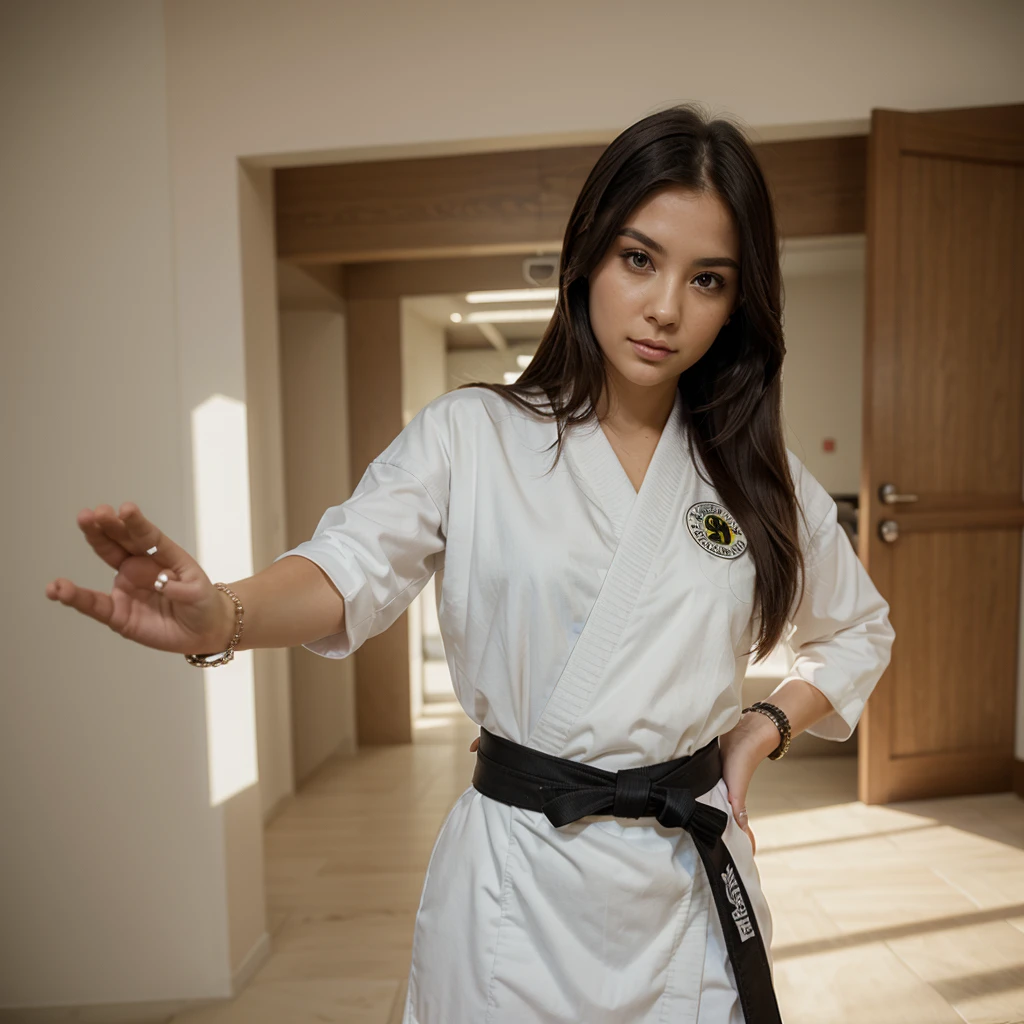 1girl in, 30 years old, Square face, Long hair, Looking at viewer, jewelry, Reality, Sexy, karate uniform, karate dojo , free pose