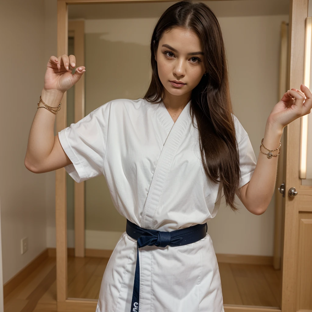 1girl in, 30 years old, Square face, Long hair, Looking at viewer, jewelry, Reality, Sexy, karate uniform, karate dojo , free pose