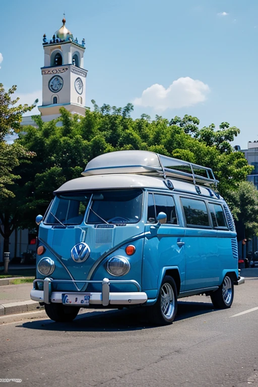 Blue Volkswagen camper from 1990, Transporter Markt 3, t3, standing on the main street of the city of Chernigov
