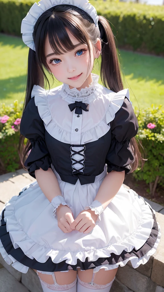 ((masterpiece)), ((highest quality、Ultra high definition)), (Very detailed),8K、Photo quality、((Amazingly cute girl)),( ), Two people, , (Beautiful emerald blue eyes), ((smile)),In the open-air bath overlooking the sea, Beautifully arranged black hair in twin tails、whole body、((Super high-end white see-through summer gothic lolita maid costA super mini skirt with lots of frills))、Professional Lighting、(White lace knee-highore detailed and beautiful)、(More details and cutenesore realistic)、(((Just wear light clothing)))、