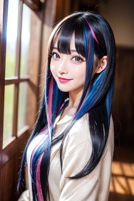 (((A real beauty))), RAW Photos, Black Hair、folder、Round eyes、False eyelashes、Straight Hair, correct、Pink lipstick、Striped Hair、Brown Hair、Blue Hair、(Dark blue hair)、(Gradient Hair)、Asymmetrical Hair、Hair behind the ear、Crossed bangs、Long Hair、(お尻までLong Hair)、Long Hair、Straight bangs、Smooth, silky hair、Hair up on one side、とんでもなくLong Hair、Light brown eyes、Ring Eye、Round eyes、Wicked Smile、A light smile、Cast a Shadow、(Extraordinary presence)、Atmospheric perspective、Backlight、Exposure、Lens flare、、最high quality、超High resolution、超High resolution、Very realistic, masterpiece、correct、Textured skin、high quality、最high quality、Awards、32k, 髪のfolder、Cunning、A light smile、Shy laugh、Redness in the ears、correct、Subjective、Shine、360° View、Very detailed、超High resolution、解剖学的にcorrect、masterpiece、Emphasize the chest、High resolution、High detail、Long eyelashes、A slight blush、Compensate, (((Full Body Shot)))、Arms raised pose、Shooting from a distance、Various angles of view、