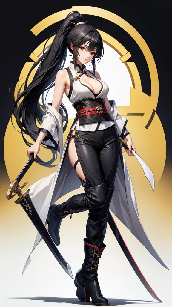 Beauty with black hair and long ponytail,Bare arms,Sleeveless kimono,cleavage,long pants,boots,Long sword,Chinese cities