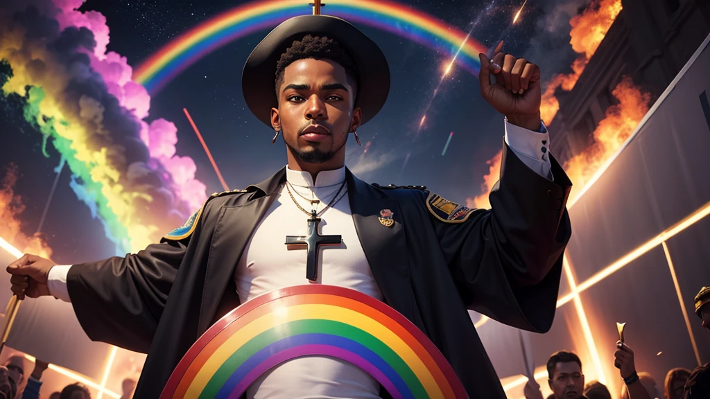 the catholic saint of gays, a black man in rainbow clothes with christian jewlery, rainbows everywhere, intimidating holy image, a giant cross in the background, army of god marching behind the man with pride flags
