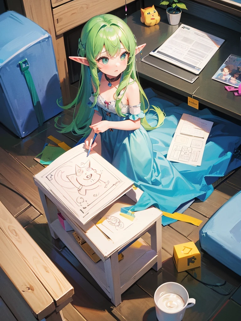 High resolution, 8K Ultra HD, ((one girl)), ((chibi style)), A small elf girl is holding drawing paper. On the drawing paper was a very detailed and accurate pencil drawing of a cat.