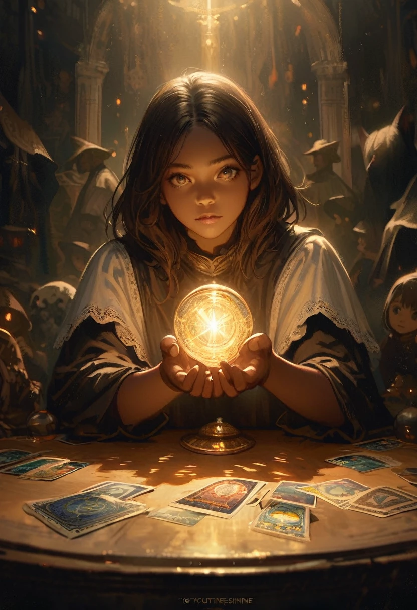 Impressionist paintings, Realistic, One girl, fortune teller, Tarot cards on the table, View your viewers, Dark Skin, Mysterious, Magic, shine, shineing, dark Magic lighting, Sulky, Cinematic, Shine, きらきらShine, darkness