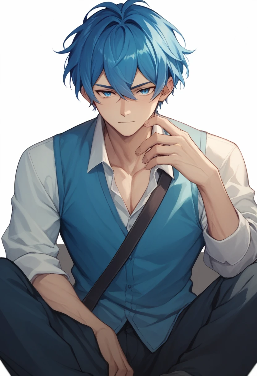 （1 Adult male），A high resolution， Sharp focus， Pixiv masterpiece， （（Complicated details））， highly  detailed， natsuki_subaru， 1 man， Serious，full bodyesbian，sit astride， blue colored eyes（eyes glowing）， blue short hair，white  shirt，Wear a tie，Wear a belt，perspire，look from down