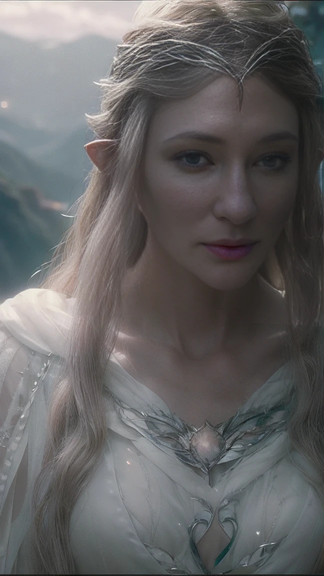 Galadriel elf, white wavy very long hair, cinematic, with Rivendale in the background, magical atmosphere, silver pollen, glow, glare