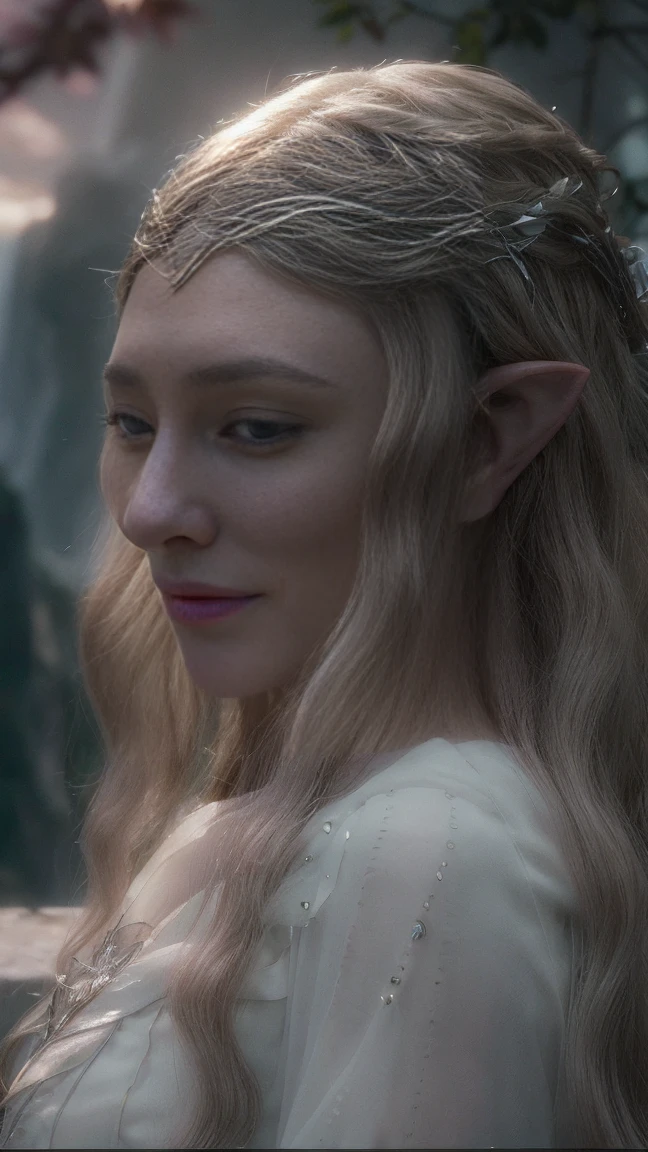 Galadriel elf, white wavy very long hair, cinematic, with Rivendale in the background, magical atmosphere, silver pollen, glow, glare