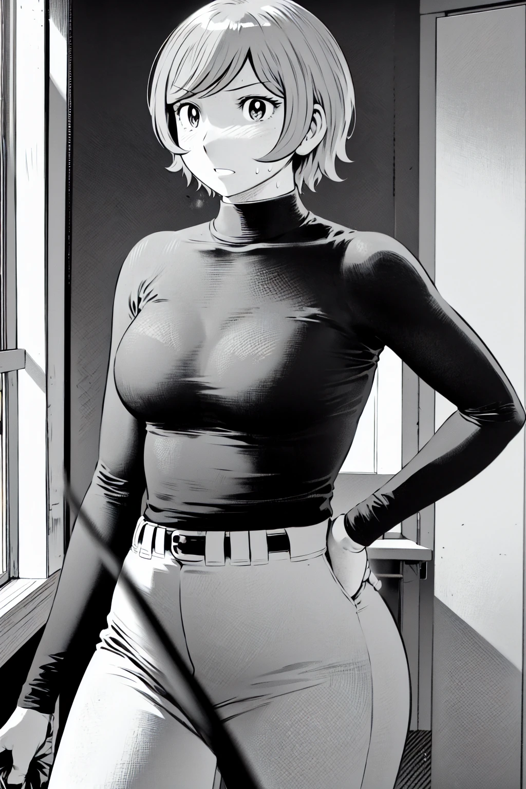、(masterpiece、Highest quality)、Highest quality, Ultra-high resolution, (((masterpiece))), alone, Sweat、Big eyes,Tight black shirt、Tight white pants、belt、indoor、Composition from the front、(Cut the back hair short、short hair、blonde、woman)、Shortcuts、Embarrassed face、Cut your hair short、可愛いwomanの子、Big Breasts、Inside the room、Full Color、Baseball uniform