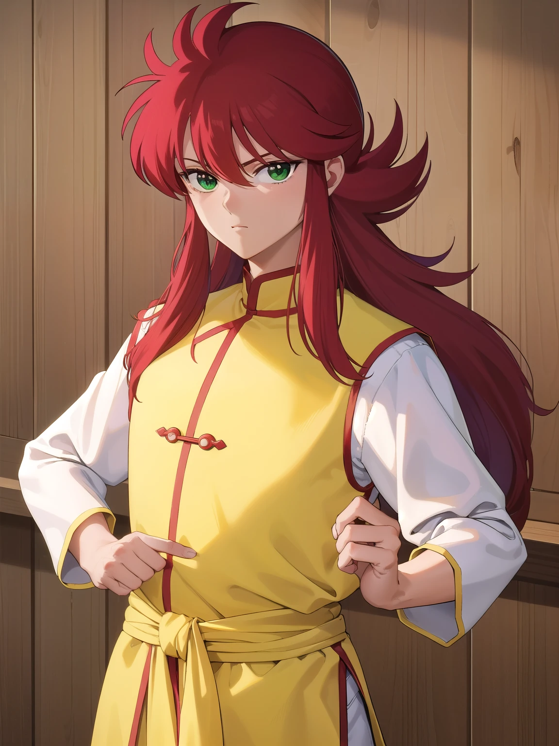 kurama, kurama, long hair, red hair, bangs, (green eyes:1.5), (retro artstyle:1.5), 1990s \(style\),
BREAK long sleeves, pants, chinese clothes, white pants, (yellow shirt:1.5), (white sleeves:1.5), (pelvic curtain:1.2), sash, sleeveless shirt, (((wood background)))
BREAK looking at viewer, cowboy shot,
BREAK (masterpiece:1.2), best quality, high resolution, unity 8k wallpaper, (illustration:0.8), (beautiful detailed eyes:1.6), extremely detailed face, perfect lighting, extremely detailed CG, (perfect hands, perfect anatomy),