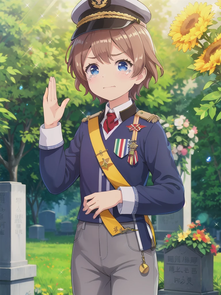 Highest quality,masterpiece,12 years old,serious,(Close your mouth),blue eyes,Outdoor,Grave,Graveの前,Are standing,Lens flare,Flower storm,Upper Body, 顔 focus,Brown Hair, short hair, Navy uniform,, (Raise one hand,45 degree salute),Medal on chest,Navy uniform cap,tears ,
