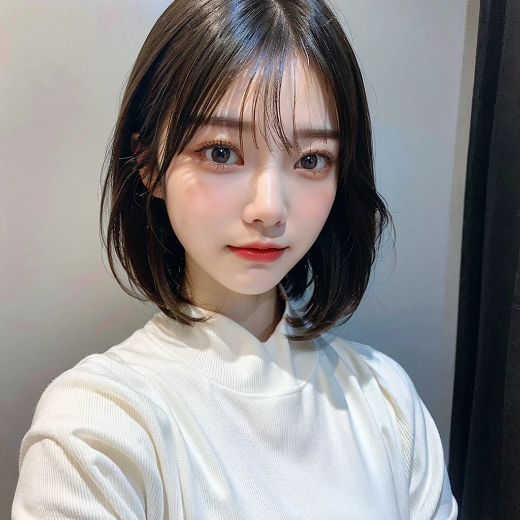 Visual blockbuster on the theme of hairstyle, Chinese girl with short hair, fashionable clothing with light hair, Chinese girl looking frontally at the camera, without makeup highlighting the texture and pores of facial skin, full color picture, close up - white solid background