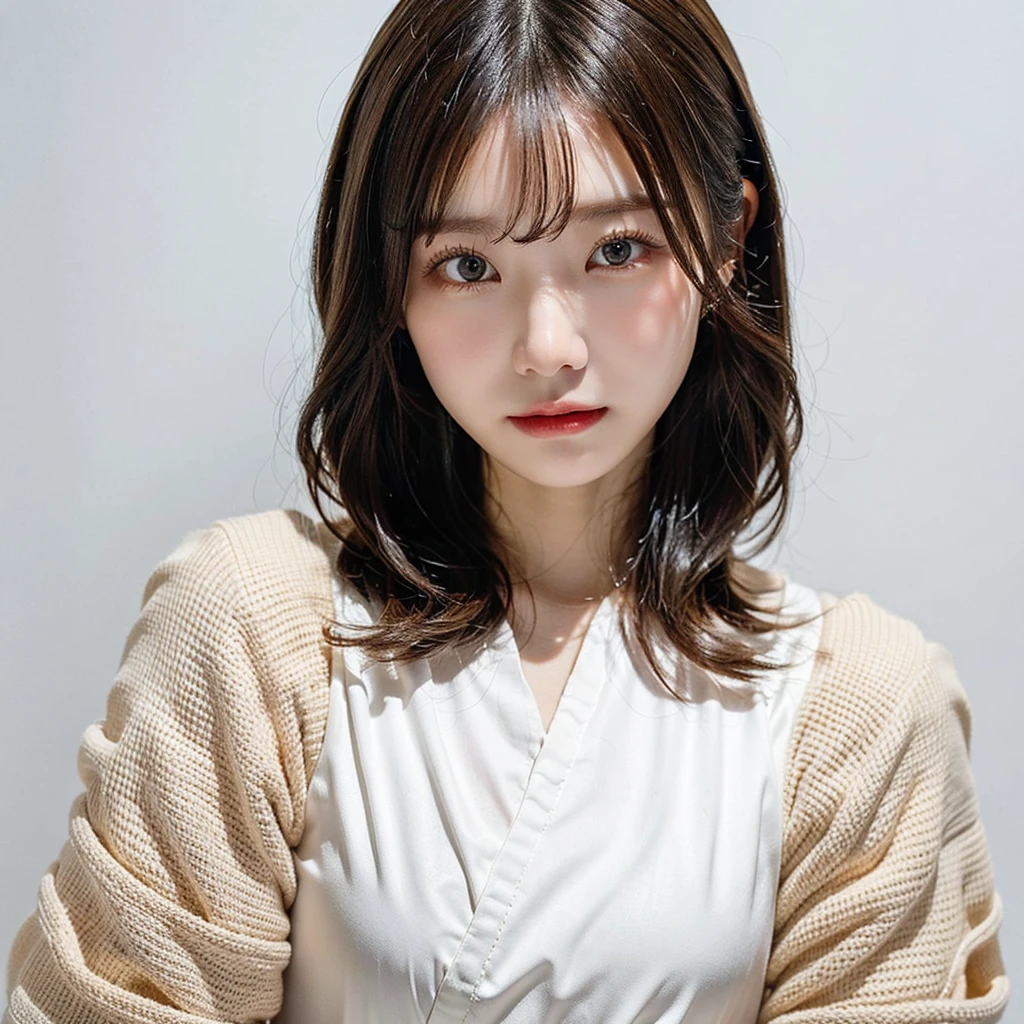 Visual blockbuster on the theme of hairstyle, Chinese girl with short hair, fashionable clothing with light hair, Chinese girl looking frontally at the camera, without makeup highlighting the texture and pores of facial skin, full color picture, close up - white solid background