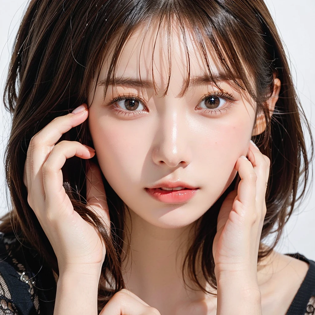 beautiful Japanese woman,double eyelid,clear skin,round face,long face,Swept bangs,in the tokyo,short by DSLR,Adoravle 18 years old,head shot,from front,long hair