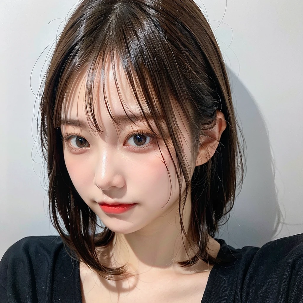 Visual blockbuster on the theme of hairstyle, Chinese girl with short hair, fashionable clothing with light hair, Chinese girl looking frontally at the camera, without makeup highlighting the texture and pores of facial skin, full color picture, close up - white solid background