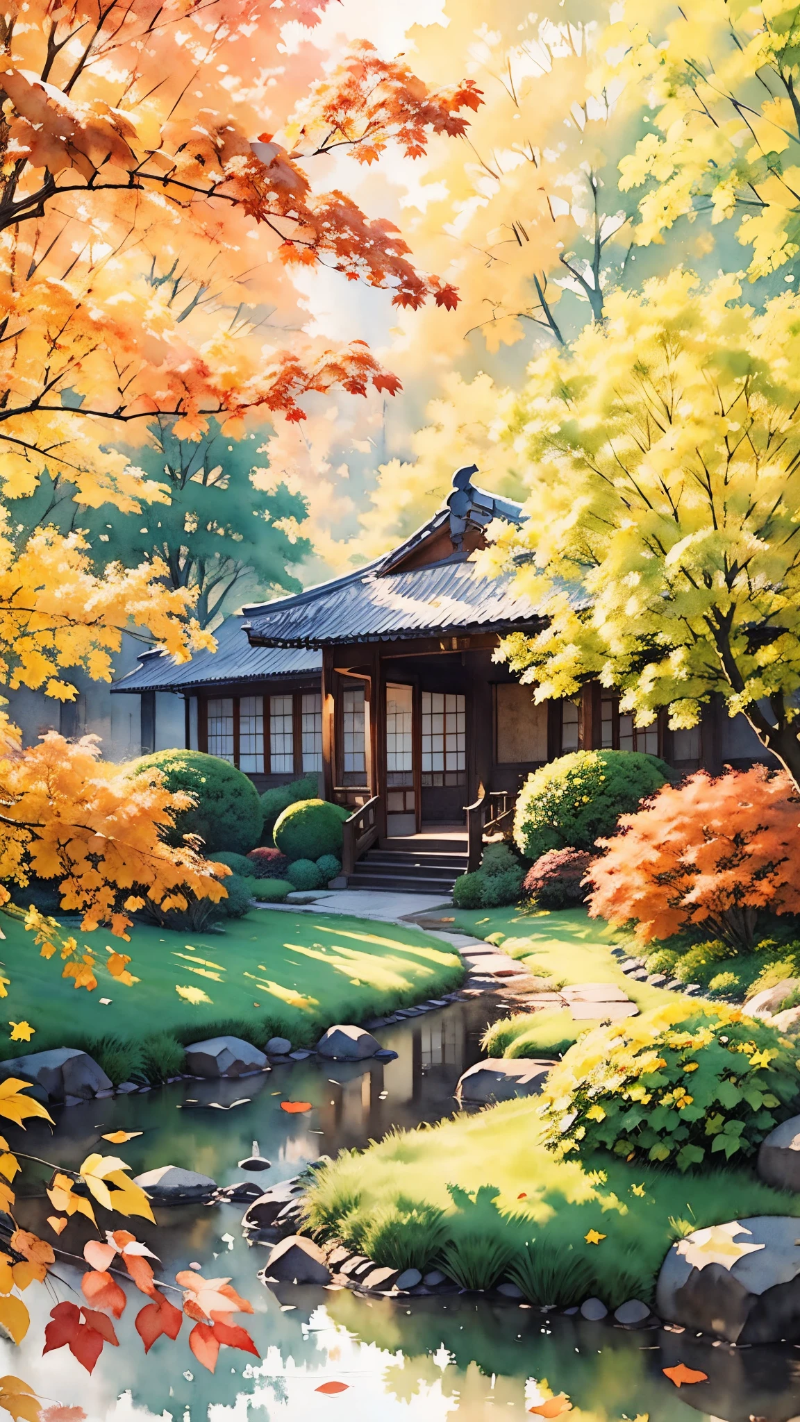 (masterpiece:1.2, Highest quality),(Super detailed),((Watercolor)),8K,wallpaper,Japanese garden,autumn
