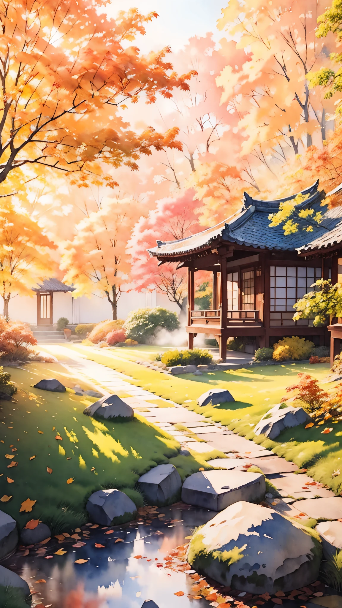 (masterpiece:1.2, Highest quality),(Super detailed),((Watercolor)),8K,wallpaper,Japanese garden,autumn
