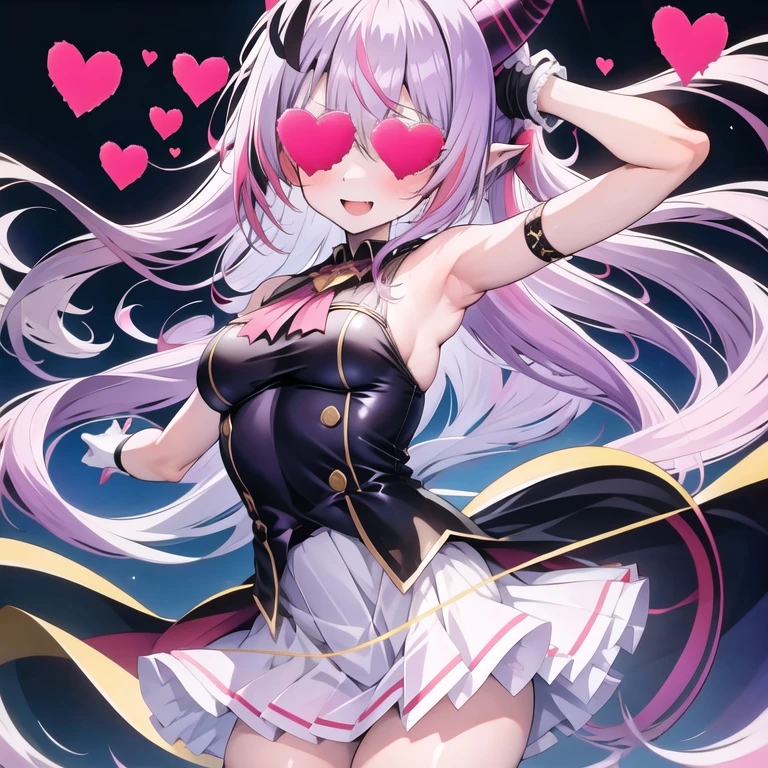 (masterpiece, Highest quality:1.2), One girl, alone, Horns, black tights,
The whole body is visible, I can see your chest, Infatuated, Cute pose, Trance, Infatuated, matter of taste,Place your hand on your chest, Paisura, Delighted, Yellow cheers, smile, brainwashing, 催眠されたsmile, Fluttering skirt,Wiggle,A throbbing heart,A throbbing heartの目,Heart-shaped eyes pulsating,A beating heart,Moves left and right, Heart pounding, White sheer skirt, fluttering skirt
