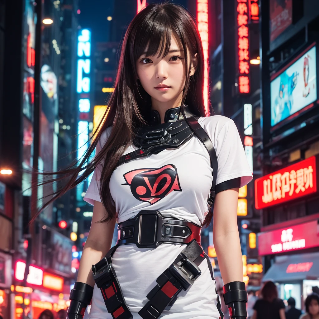 “A detailed illustration of Honami, a female cyborg ninja girl, standing in the midst of a bustling city crowd. She has brown straight hair with bangs and is wearing a white short-sleeved t-shirt with the word ‘サイボーグ’ written in black on the chest. Her entire body, except for her face and chin, is metallic and mechanized with visible red cybernetic enhancements. Honami is shown looking embarrassed, with a blush on her cheeks and a shy expression. The background shows a busy city street with people walking by, tall buildings, and neon signs. The art style is shonen manga-inspired with bold lines, detailed shading, and vibrant colors.”