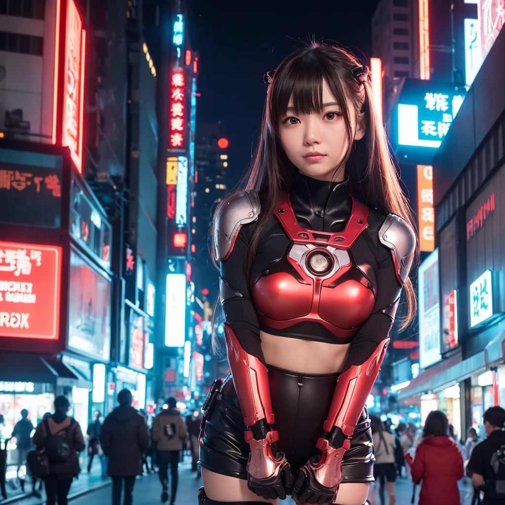 (Part of the skin is a computer)、top-quality、masterpiece、超A high resolution、(With a futuristic machine gun、holding knive),(Wearing a futuristic hat)、(Photorealsitic:1.4)、Raw photo、1人、Black hair、glowy skin、((1 Mechanical Girl))、((super realistic details))、portlate、(Mystical expression)、explosions、Particles of light、(Small LED lamp)、Wire tubes that glow all over the body、(With state-of-the-art weapons),globalillumination、Shadow、octan render、8K、Armpit、ultrasharp、Colossal tits、Small LED lamp、Raw skin is exposed in cleavage、metals、blood vessels connected to tubes、With weapons、Red bodysuit、Armpit、Cyberpunk city background、Details of complex ornaments、Japan details、highly intricate detail、Realistic light、CGSoation Trends、Blue eyes、radiant eyes、Facing the camera、neon details、(Tattoo numbers on the face)、Mechanical limbs、blood vessels connected to tubes、Mechanical vertebrae attached to the back、mechanical cervical attaching to neck、Wires and cables connecting to the head、Gundam、Small LED lamp、Toostock、Toostock、Futuristic machine gun、Knives、(White Metallic Bodysuit),(Futuristic motorcycle background)、