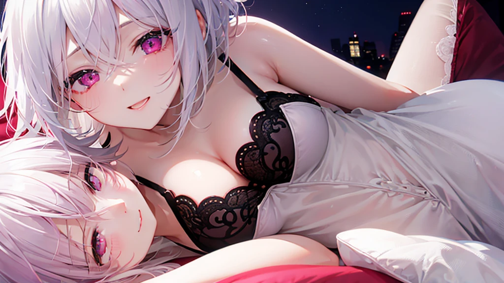 White Hair、Pink Eyes、Short Hair、laughing、Only one girl、alone、Cute、Face is close、laughing、Night、Lying in bed