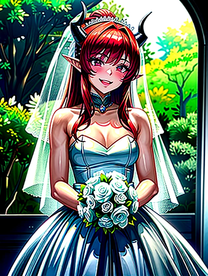 (masterpiece, top quality, best quality, official art, beautiful and aesthetic:1.2), (1girl:1.3), extremely detailed, official artstyle, highest detailed, parted lips,wallpaper, pink eyes, long hair, beautiful red hair, ponytail hairstyle, elf ears, two horns, black horns, bangs, (happiness, beautiful smile, happy expression, happy face), small breast, ((Wedding dress, chies, Bridal veil, Wedding, Bouquet)),(cowboy shot), holding a flower, cowboy shot, wedding vibes