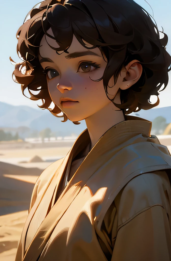 Highest quality、Ultra-realistic, 4K, Professional photos, sf、19 year old woman, Brown Hair, short hair,Curly Hair、 High resolution, Rare Beauty、Detailed face, tea-colored eyes、(Jedi Costume),Walking alone in the wilderness、After a long journey、Dirty with sand and dust、 masterpiece, Realistic Background, Realistic portraits