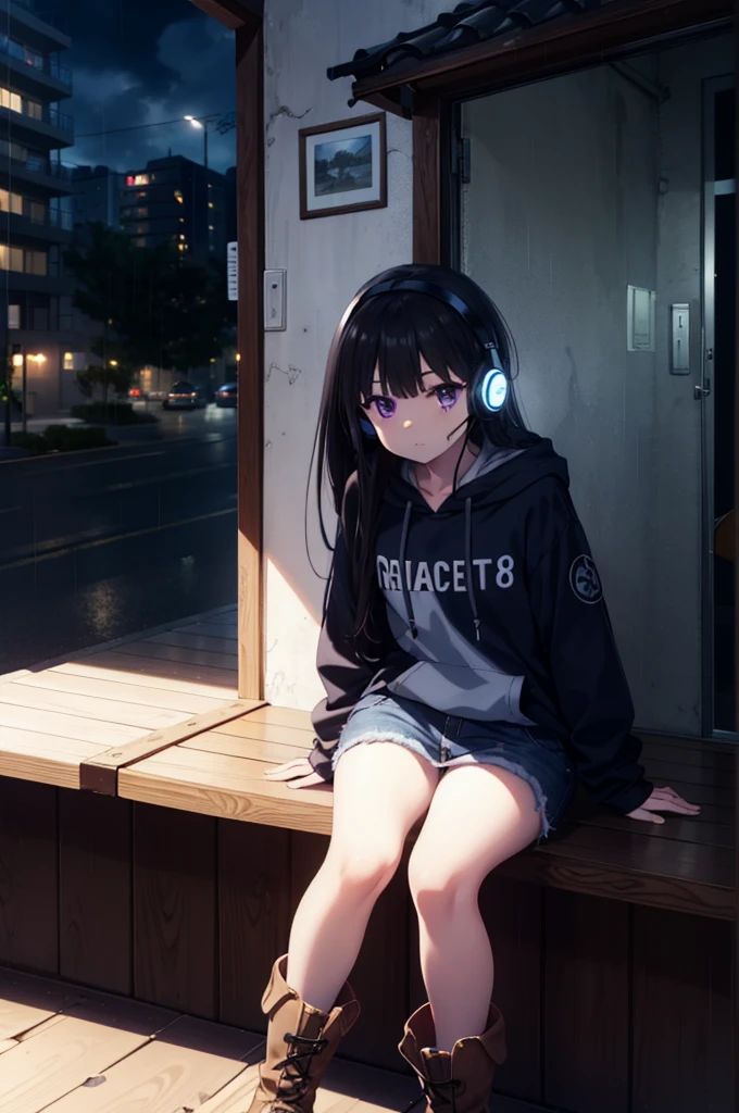 Takiuchikami, Check it out, Long Hair, bangs, Black Hair, (Purple eyes:1.2),Oversized blue hoodie,Wired headphones,jeans,short boots,Sitting on the steps of a building,Hiding in a roofed building,whole bodyがイラストに入るように,rain,cloudy,night,
break outdoors, Building district,
break looking at viewer, whole body,
break (masterpiece:1.2), Highest quality, High resolution, unity 8k wallpaper, (figure:0.8), (Beautiful attention to detail:1.6), Highly detailed face, Perfect lighting, Highly detailed CG, (Perfect hands, Perfect Anatomy),