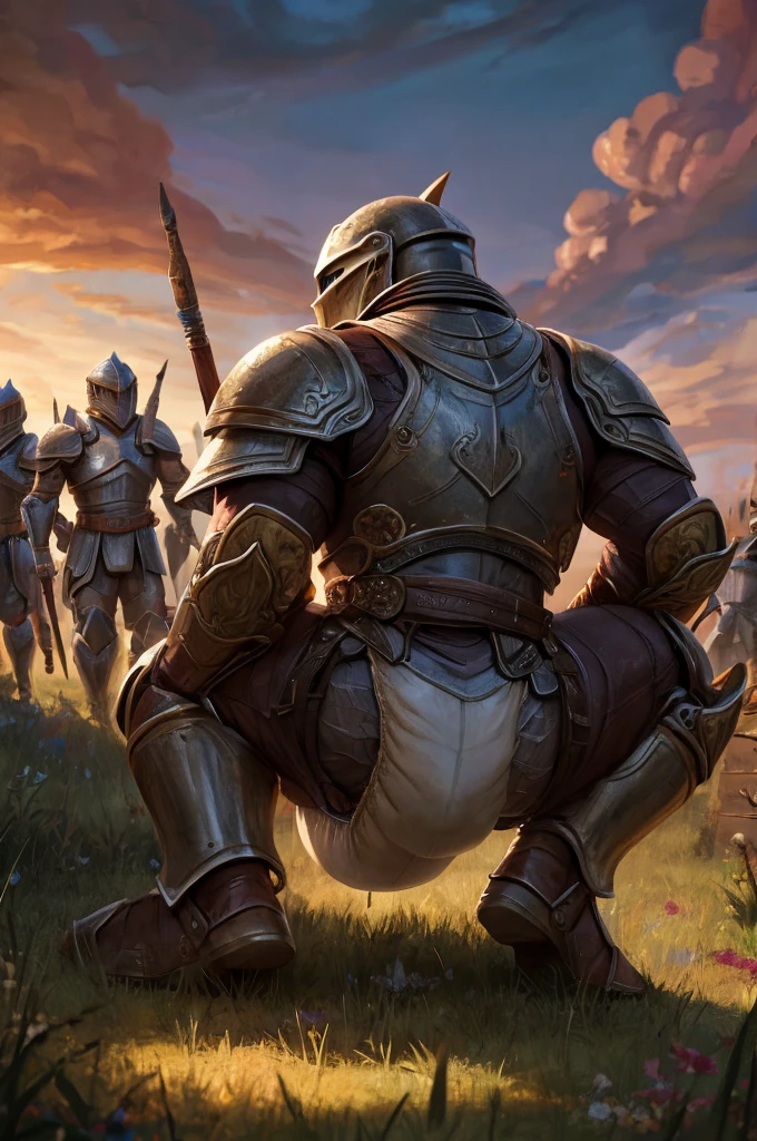 realistic, masterpiece, super high res, male solider in ornate knight armor, butt shot, surrounded by a crowd, muscular, crowded grassy battlefield with soldiers, (detailed lighting), (detailed armor), (cinematic lighting), (detailed background), [detailed ambient light], [gray natural lighting], [realistic proportions], [explicit content], [sharp focus], ((masterpiece)), bright summer day, wearing messy diaper, soiling diaper, squatting, strained closed eyes, squatting to poop, smell lines around diaper, fart cloud, looking at ground, hunched over,