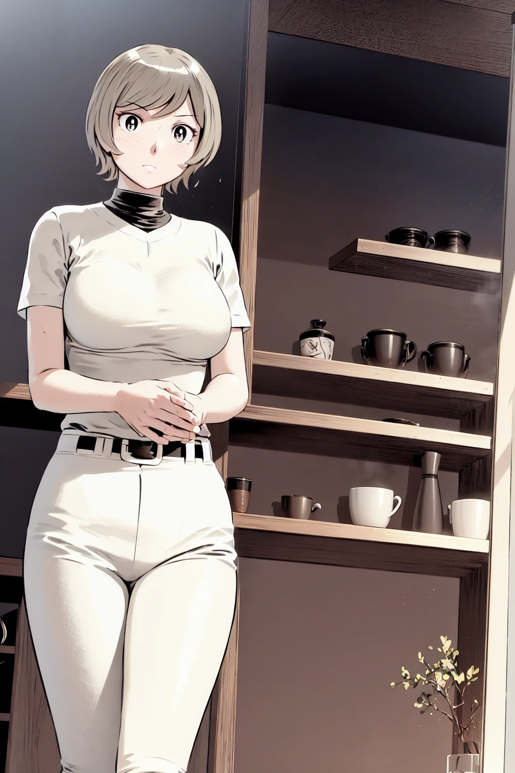 、(masterpiece、Highest quality)、Highest quality, Ultra-high resolution, (((masterpiece))), alone, Sweat、Big eyes,Tight black shirt、Tight white pants、belt、indoor、Composition from the front、（Cut the back hair short、short hair、blonde、woman）、Shortcuts、Embarrassed face、Cut your hair short、可愛いwomanの子、Big Breasts、Inside the room、Full Color、Baseball uniform