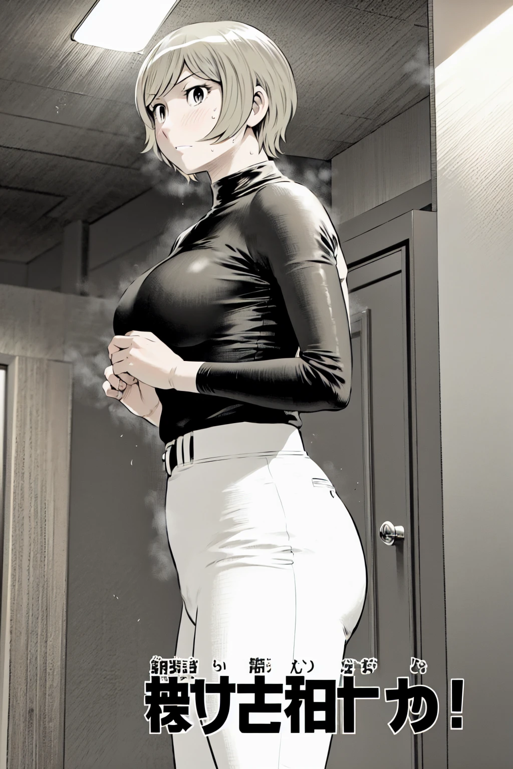 (野球uniform:1.2),
blonde, (short hair:1.2),Long sleeve, Black Shirt, turtleneck,White trousers、uniform、Black belt、((People illustrations))、big 、
View your audience,, (Highest quality:1.3),One Girl, White pants、uniform、Outdoor、baseball ground、ground、soil、blue eyes、Tight black shirt、(masterpiece、Highest quality)、Highest quality, Ultra-high resolution, (((masterpiece))), alone, Sweat、big eyes、big Breasts、Torn clothes、 Fully exposed、Nipples、One Girl, Front view、Embarrassed face、Bronze colored hair、((short hair))、Stand up straight、Cowboy Shot